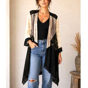 Violet Kay Kimono Silk Blend Sheer M Romantic Gold Black Lace Boho Whimsy Hippie